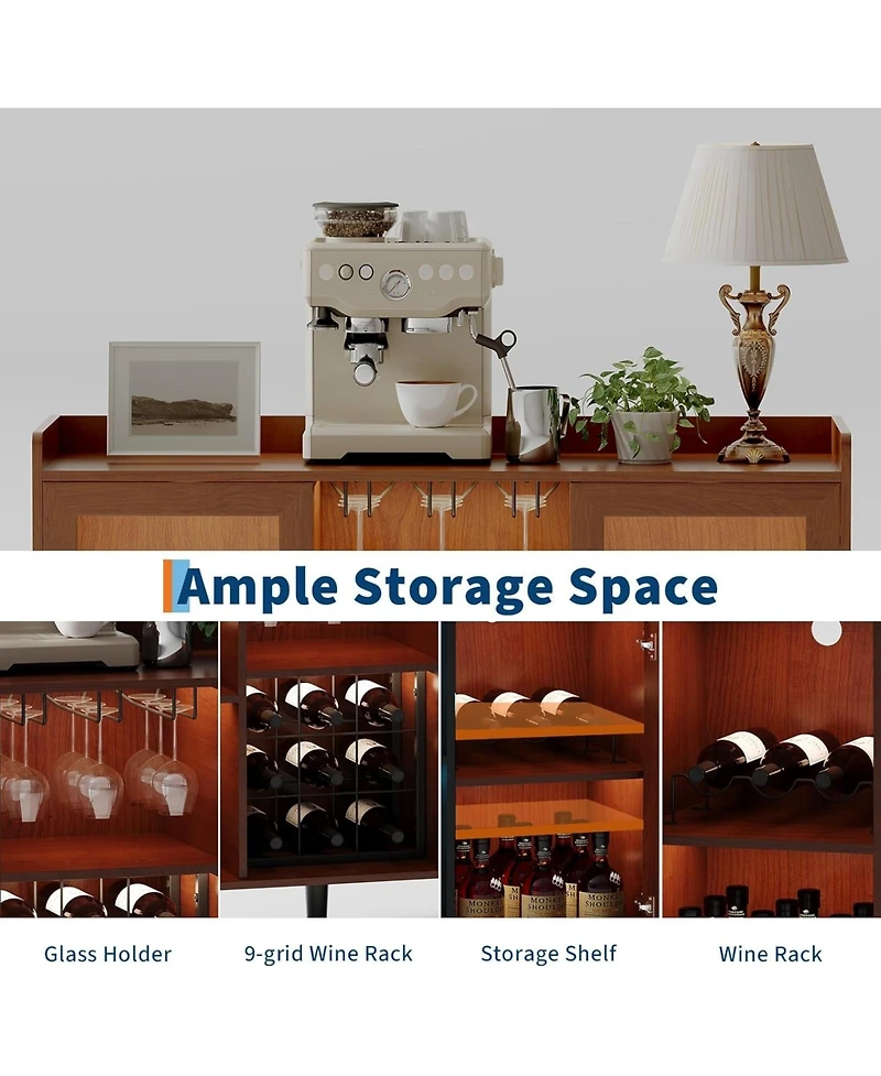 gaomon Freestanding Wine Bar Cabinet with Wine Rack and Led Light, Kitchen Sideboard and Buffet Cabinet Coffee Bar with Glass Holder, with Glass Door