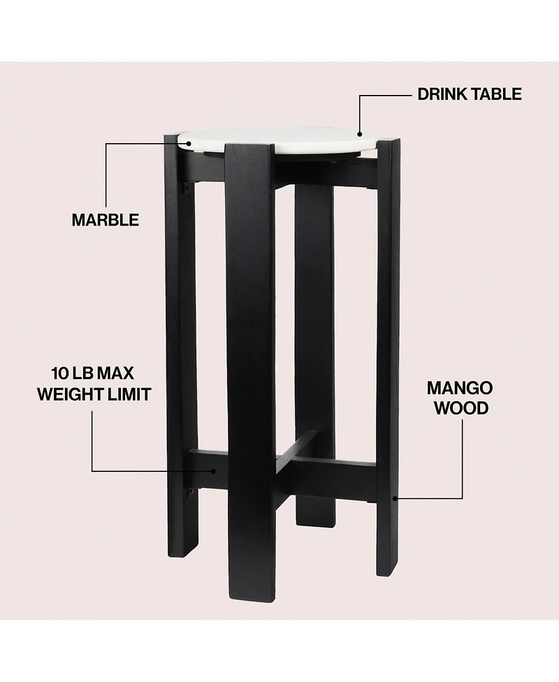 Jonathan Y Elena 24" Minimalist Structured Wood Drink Table and Decorative End with White Marble Round Top