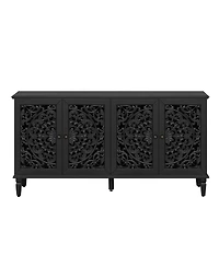 Streamdale Furniture 60" Antique Black Buffet Cabinet - Floral Carvings, Solid Wood Legs