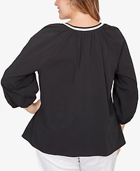 Ruby Rd. Plus Embroidered Soft Poplin Peasant 3/4 sleeves Top