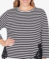 Ruby Rd. Plus Crew Neck Stripe Cotton Lace Applique Top