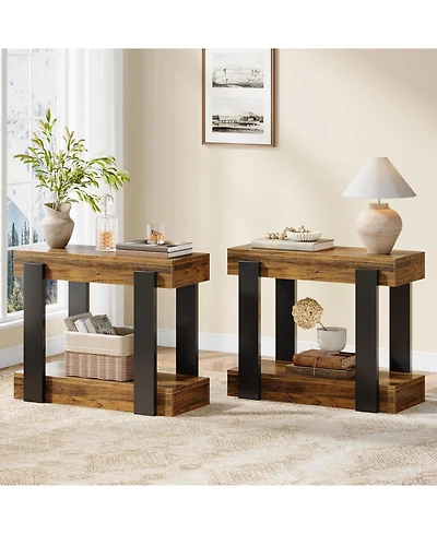 Tribesigns Narrow Wood End Table Set of 2, 2-Tier Farmhouse Side Table for Living Room