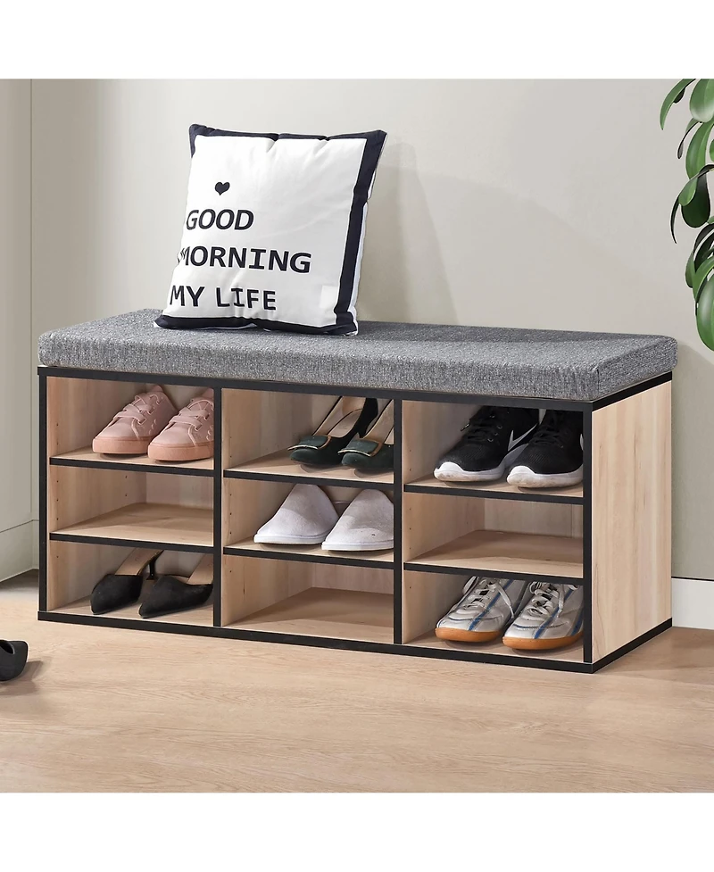 Kings Brand Furniture Shoe Storage Bench with Cushion, 9 Cubbies Organizer, Cubby Rack Adjustable Shelves