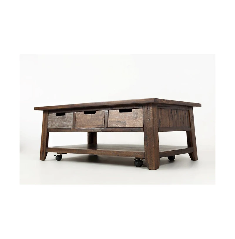 Jofran Rustic Solid Acacia 50" Coffee Table with Pull Through Drawers and Caster Wheels
