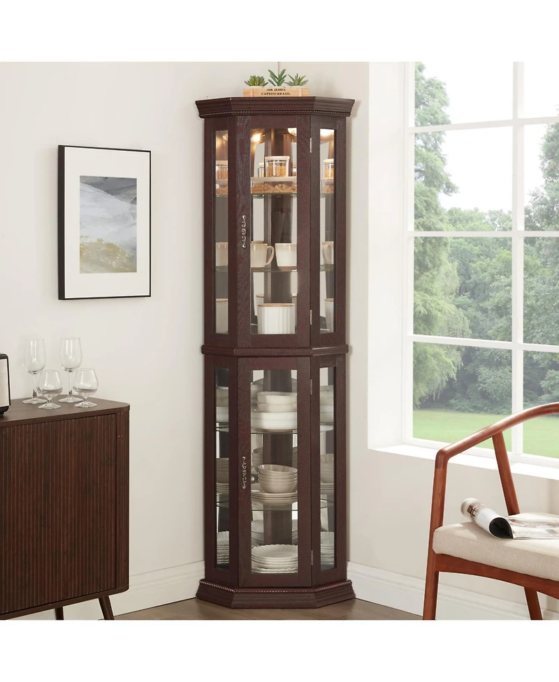 Streamdale Furniture Streamdale Lighted Corner Curio Cabinet - Glass Display - Dark Cherry