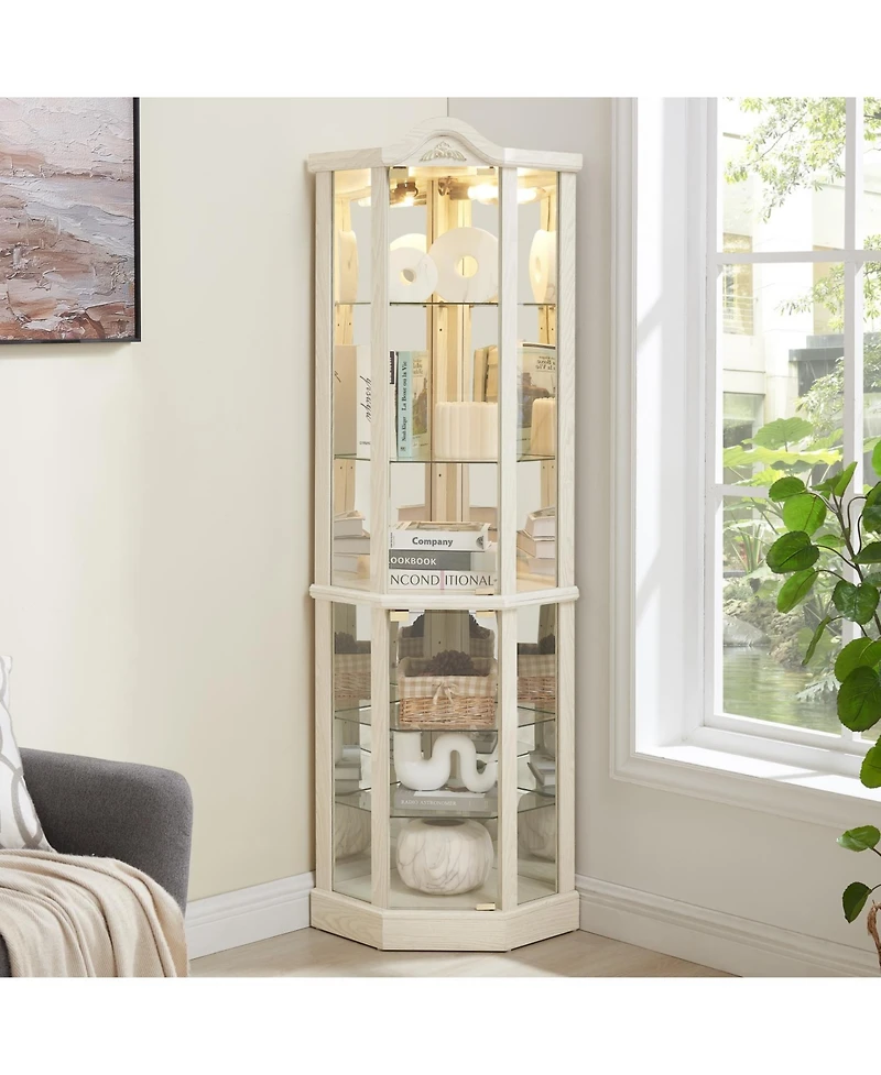 Streamdale Furniture Lighted Corner Glass Curio Cabinet, Bar & Wine Cabinet, White