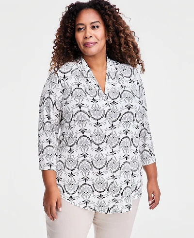 Jm Collection Plus Printed V-Neck 3/4-Sleeve Top, Macy's Exclusive
