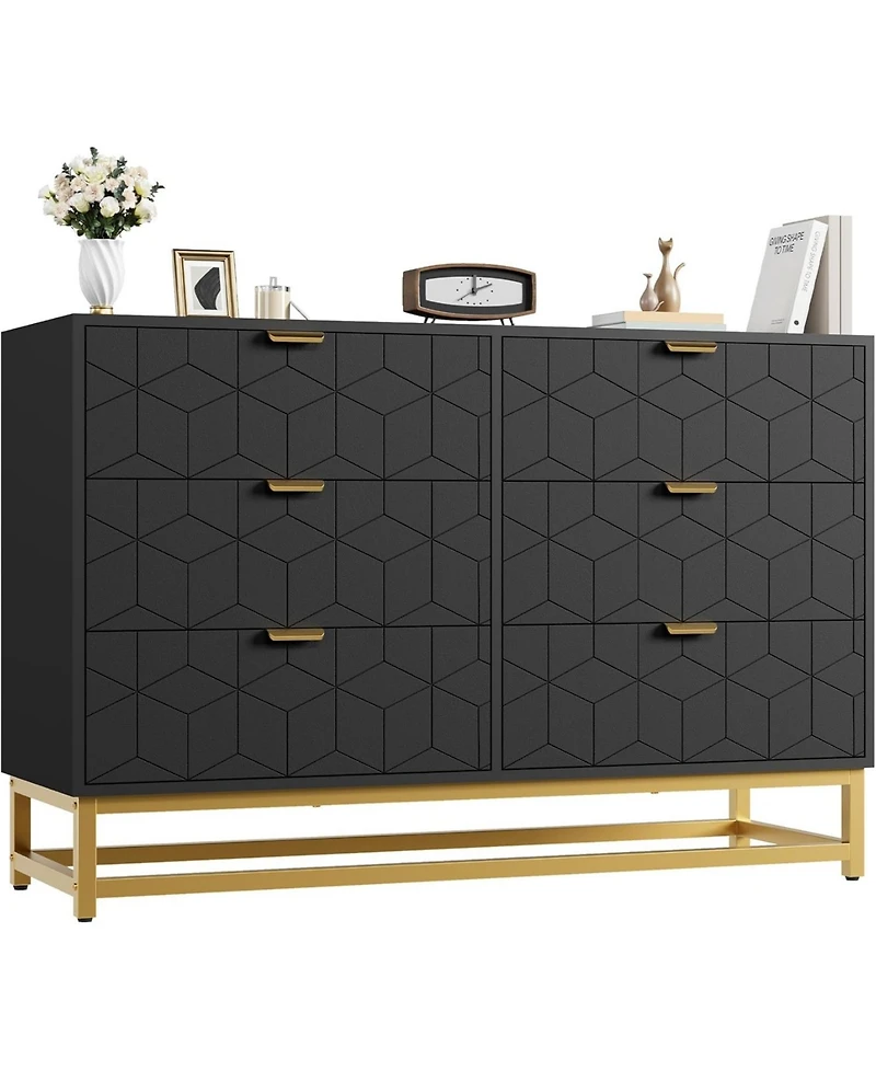 Gaomon 47.2" Wide Modern 6 Drawer Dresser, Chest with Gold Metal Legs & Handles, Wood Storage Organizer for Bedroom, Living Room