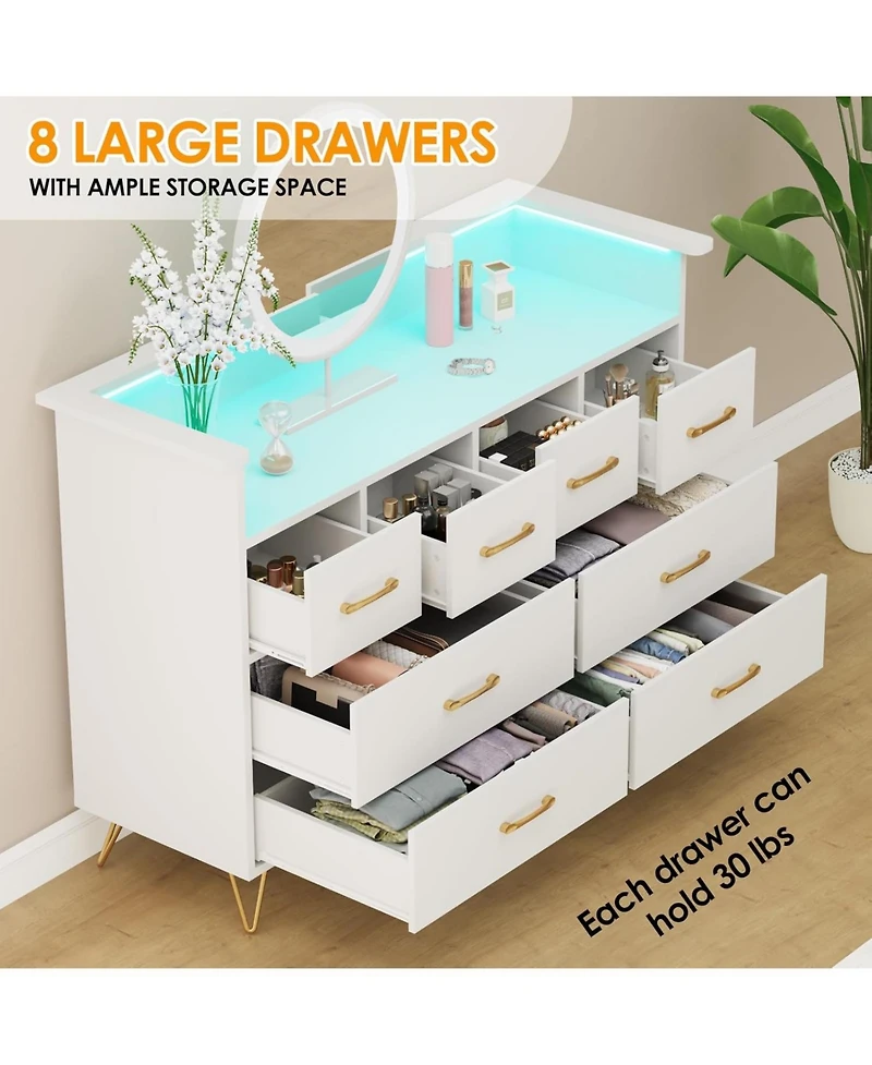 Gaomon 8 Drawer Dresser with Led Light and Charging Station Modern Wooden Chest of Drawers with Open Shelf for Bedroom Living Room