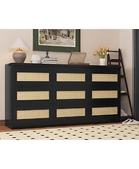 Gaomon 63 Inch Rattan 9 Drawer Dresser, Modern Farmhouse Chest of Drawers