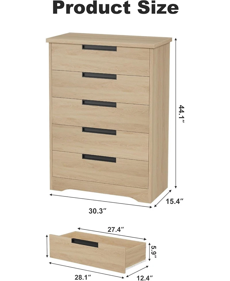Gaomon Dresser, 5-Drawer, Natural Wood, Embedded Handles, Chest of Drawers Organizer for Bedroom, Living Room, Nursery, Hallway