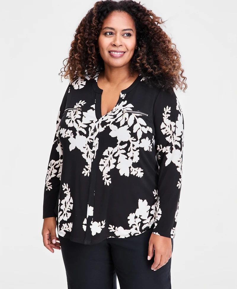 Jm Collection Plus Zip-Pocket V-Neck Long-Sleeve Top, Macy's Exclusive