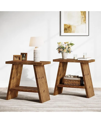 Tribesigns Solid Wood End Table Set of 2, Narrow Small Side Table with 2-Tier Storage