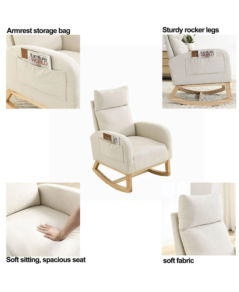 Boyel Living 27.6" W Modern Accent High Backrest Living Room Lounge Arm Rocking Chair, Two Side Pocket