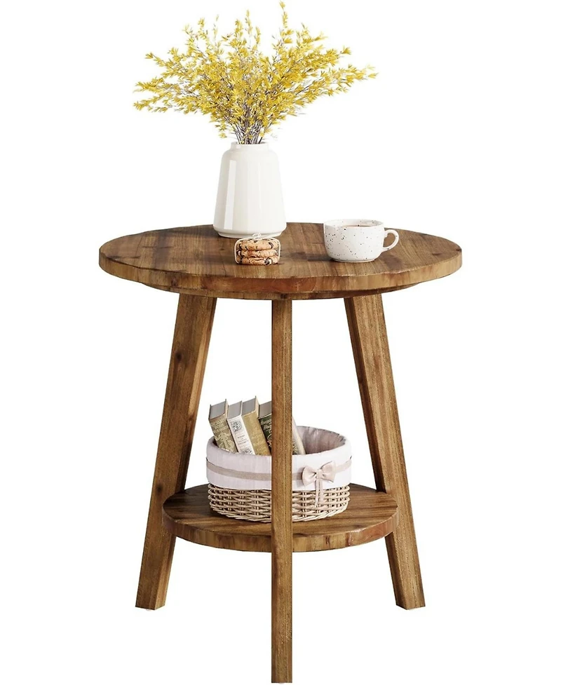 Tribesigns Solid Wood Round End Table, Sofa Side Table with Storage Shelf, Farmhouse Nightstand for Living Room, Bedroom