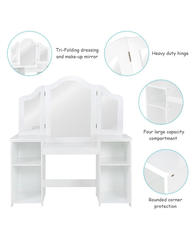 Costway Vanity Table Set Makeup Dressing Kids Girls Study Table Tri Folding Mirror