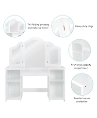 Costway Vanity Table Set Makeup Dressing Kids Girls Study Table Tri Folding Mirror