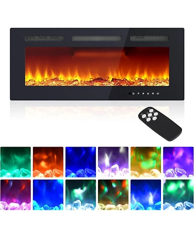 Gaomon 40" Wall Mounted/Recessed Electric Fireplace, 12 Flame Colors, Remote Control, 750/1500W, Log & Crystal