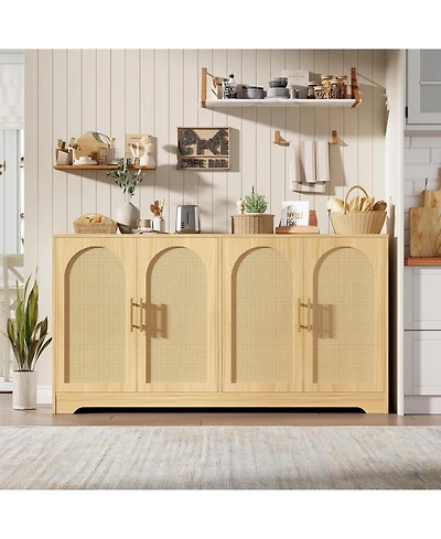 gaomon 59" Sideboard Buffet Cabinet - Large Credenza Storage with 4 Rattan Doors, Modern Console Table Accent Coffee Bar