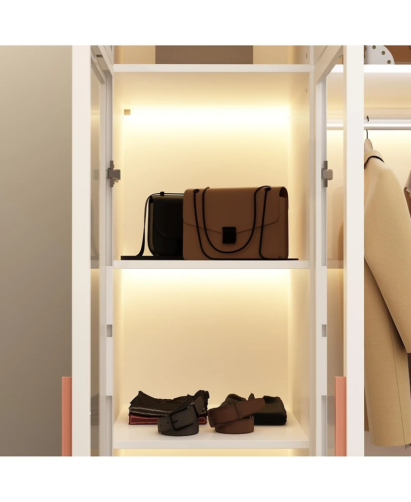 Homsee 47 Inch W Glass Doors Armoires Metal Frame Wardwore with Led Lights, Hanging Rod (74.8 in. H x 19.2 in. D