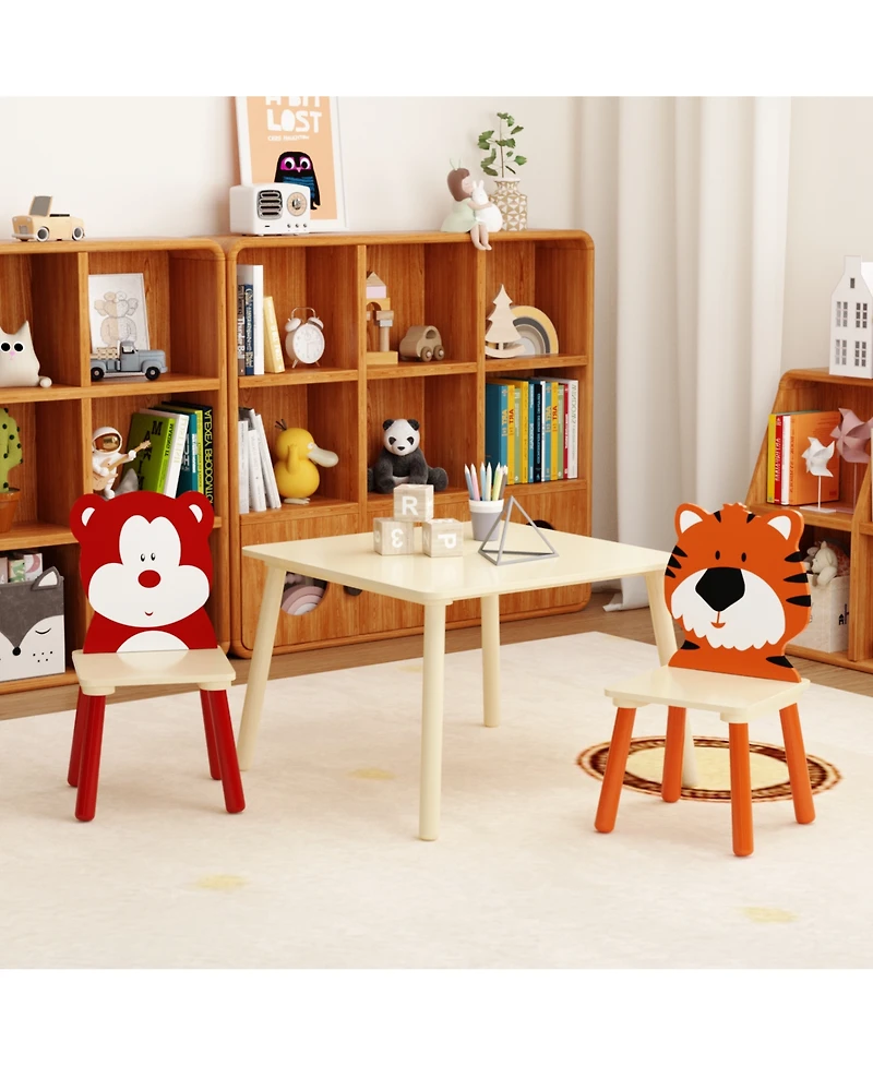 sumyeg 3-Piece Kids Table and Chair Set with Bear and Tiger Theme in Natural