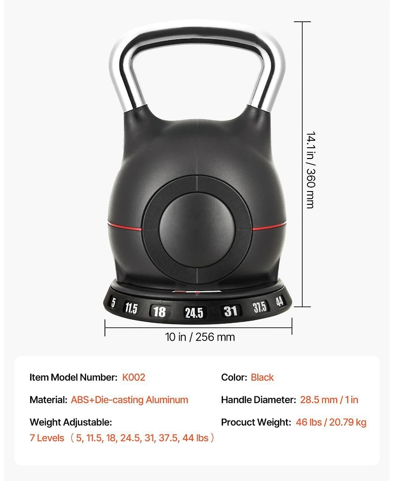 Sugfit Adjustable Kettlebell 5–44 Lb 7-Level Weight Training Kettlebell