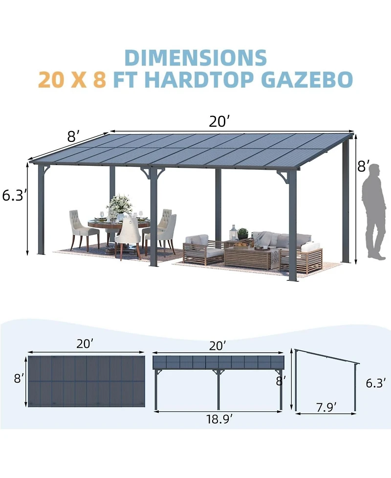 Aecojoy 20'x8' Wall Mounted Gazebos Pergola