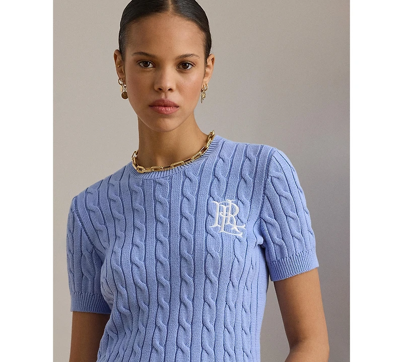 Lauren Ralph Women's Cable-Knit Short-Sleeve Embroidered Sweater