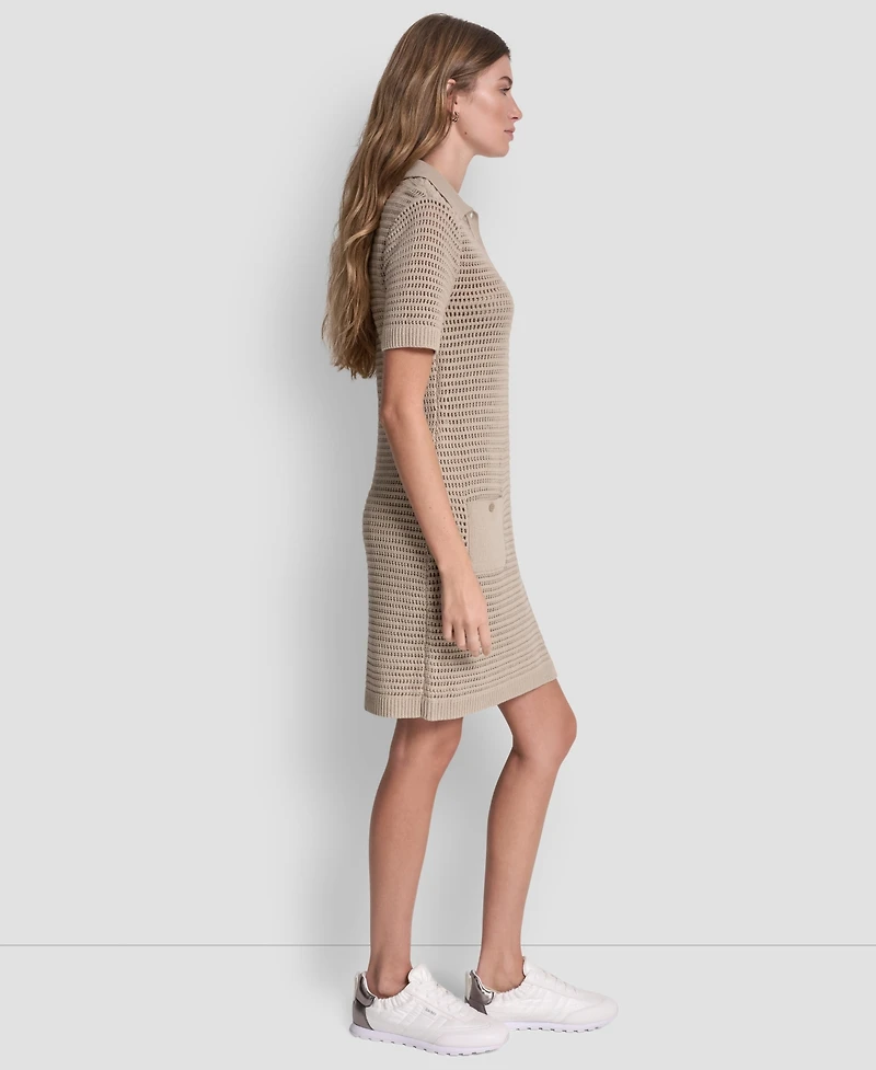 Dkny Jeans Women's Polo Collar Crochet Stitch Short Dress