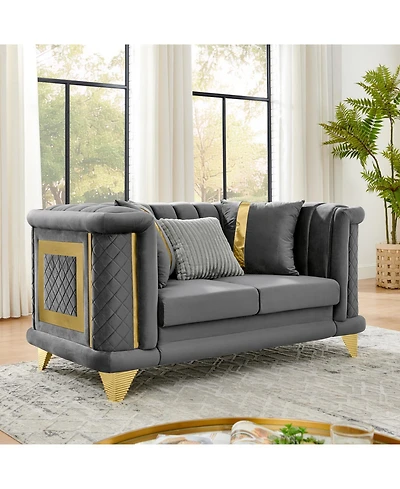Streamdale Furniture 69" Velvet Loveseat Sofa, Gold Trim, Tufted, Pillows - Gray