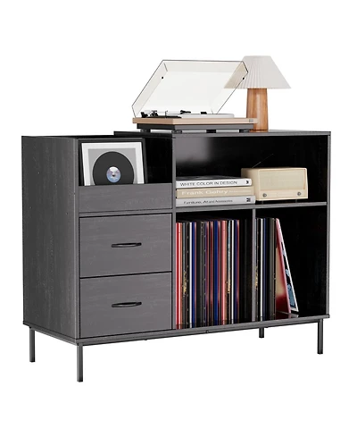 Streamdale Furniture Record Player Stand with Power Outlet, Flip-Down Lid, Storage, Black Wood Grain