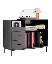 Streamdale Furniture Record Player Stand with Power Outlet, Flip-Down Lid, Storage, Black Wood Grain