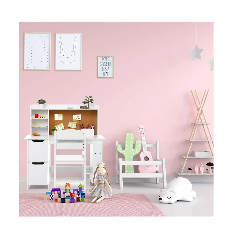 Gaomon Kids Study Desk with Chair, White Desk Set for Kids, Student Writing Desk with Bookshelf, Bulletin Board and Cabinets for Boys and Girls