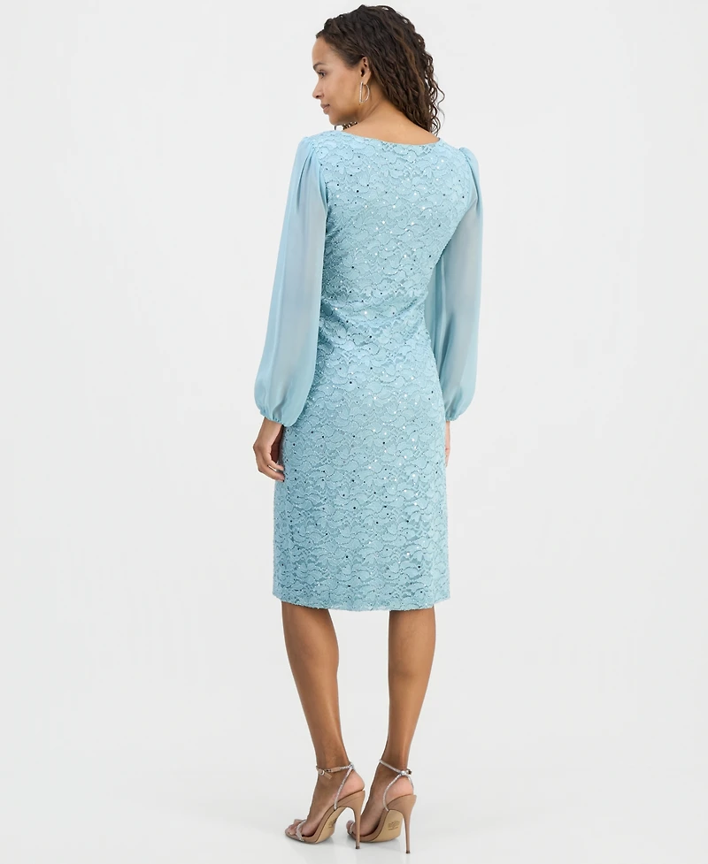 Connected Petite Sequined Lace Blouson-Sleeve Dress