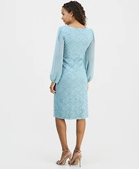 Connected Petite Sequined Lace Blouson-Sleeve Dress