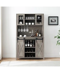 gaomon 70" Kitchen Pantry Cabinet with Sliding Barn Door, Coffee Bar, Wine and Stemware Rack, Adjustable Shelves, Gray