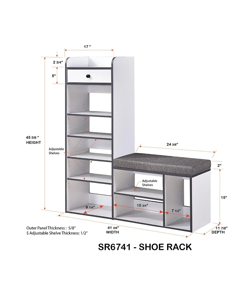 Kings Brand Furniture Julian Bench & Shoe Rack, 7-Shelf Storage & Drawer