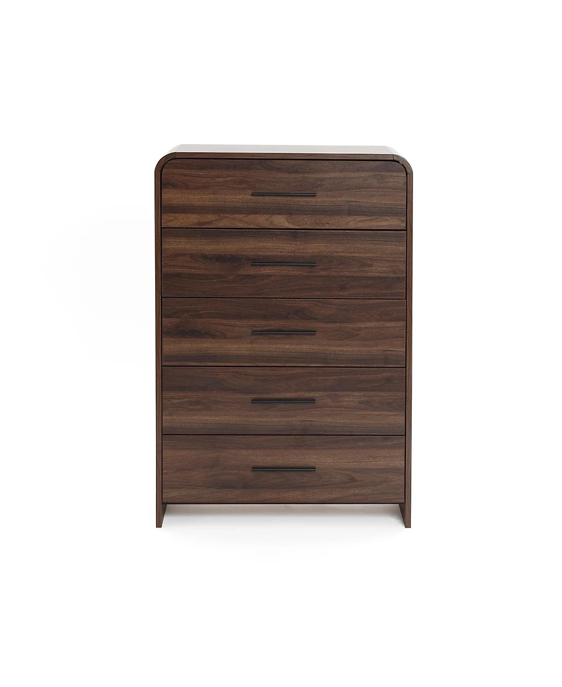 LuxenHome Modern Walnut Finish 5-Drawer Chest, Engineered Wood Storage Dresser with Rounded Corners