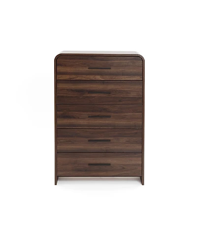 LuxenHome Modern Walnut Finish 5-Drawer Chest, Engineered Wood Storage Dresser with Rounded Corners