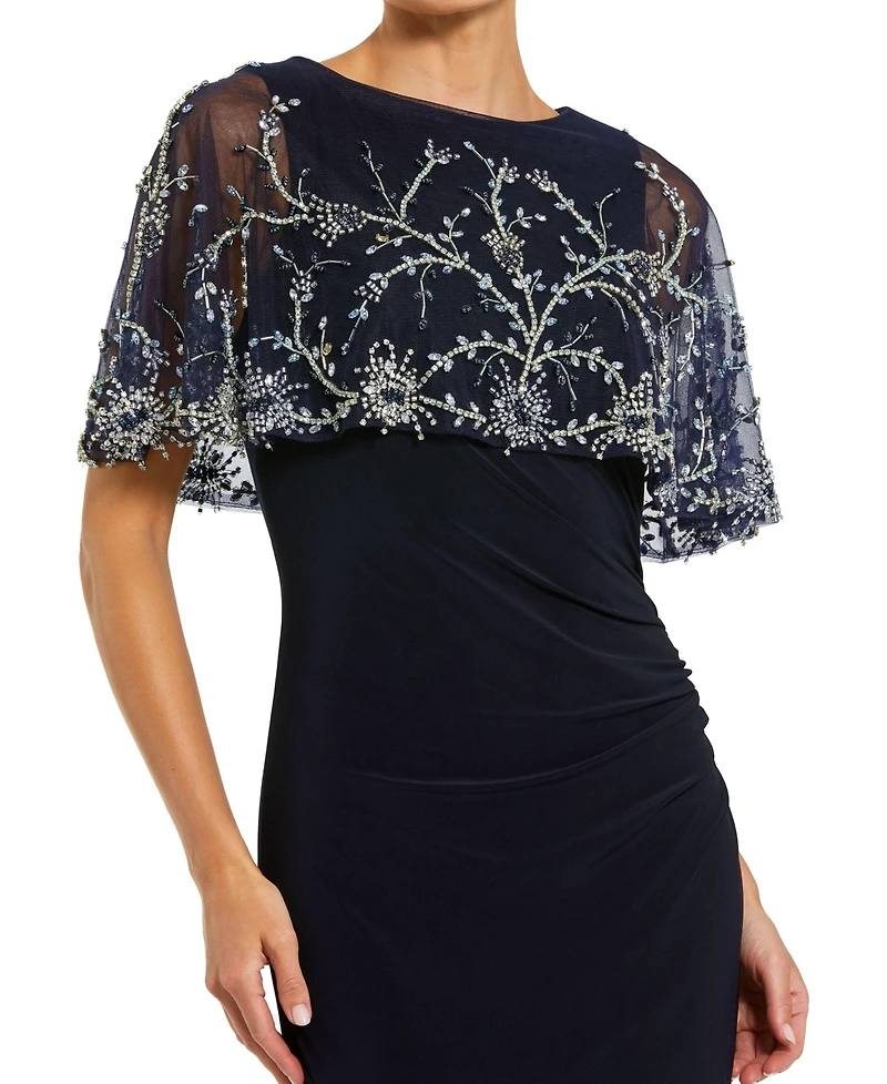 Mac Duggal Women's Fitted Jersey Gown with Embellished Cape
