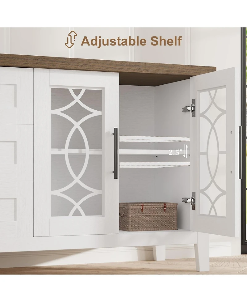 gaomon Farmhouse Tv Stand for 70" TVs, Mid-Century Console with Glass Door, 2 Doors, 3 Drawers and Shelves