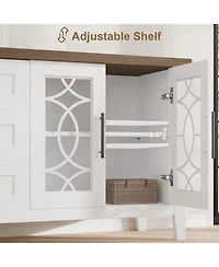 gaomon Farmhouse Tv Stand for 70" TVs, Mid-Century Console with Glass Door, 2 Doors, 3 Drawers and Shelves