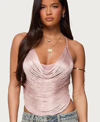 Edikted Womens Elenie Fringed Cowl Neck Top