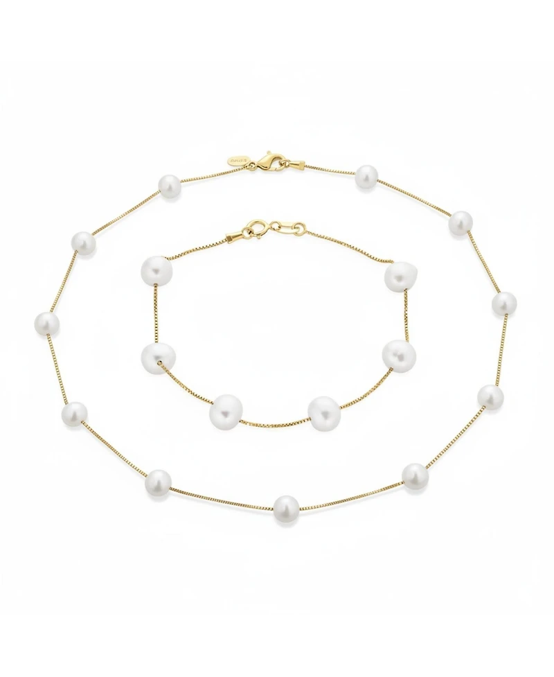 Bling Jewelry Tin Cup Freshwater Cultured Pearl Necklace & Bracelet Jewelry Set Sterling Silver 7MM