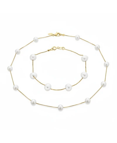 Bling Jewelry Tin Cup Freshwater Cultured Pearl Necklace & Bracelet Jewelry Set Sterling Silver 7MM