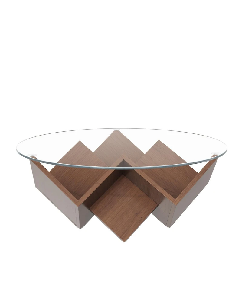 Streamdale Furniture Round Coffee Table with Glass Top & Art Deco Base, Walnut, 35.4