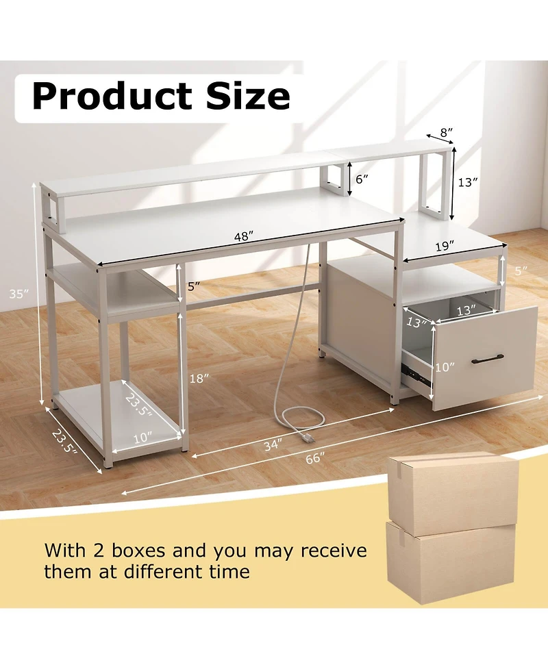 Costway 66" Computer Workstation with Monitor Stand Cpu Stand Printer Shelf & File Drawer