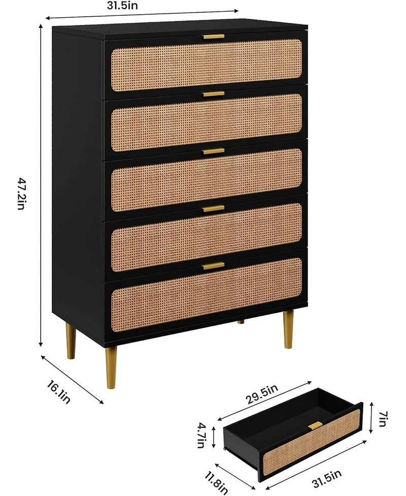 Gaomon Rattan 5-Drawer Tall Dresser, Large Storage Chest with Deep Drawers and Wide Top for Bedroom, Closet or Hallway