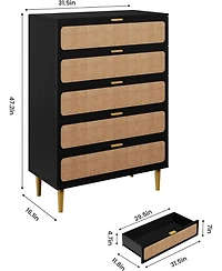Gaomon Rattan 5-Drawer Tall Dresser, Large Storage Chest with Deep Drawers and Wide Top for Bedroom, Closet or Hallway