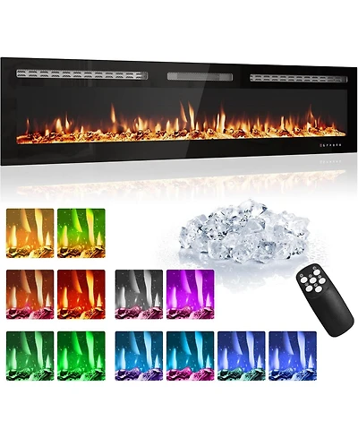 gaomon 60" Recessed/Wall Mounted Electric Fireplace, WiFi Remote, Multicolor Flame, 750/1500W, Log & Crystal Decor